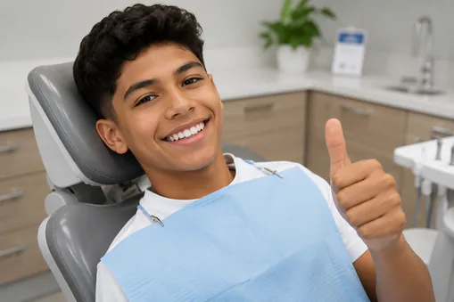 Smiling teen giving a thumbs up in the dental chair during a paediatric visit